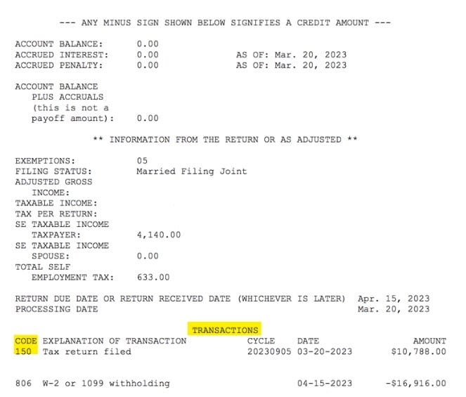 IRS Tax Transcript